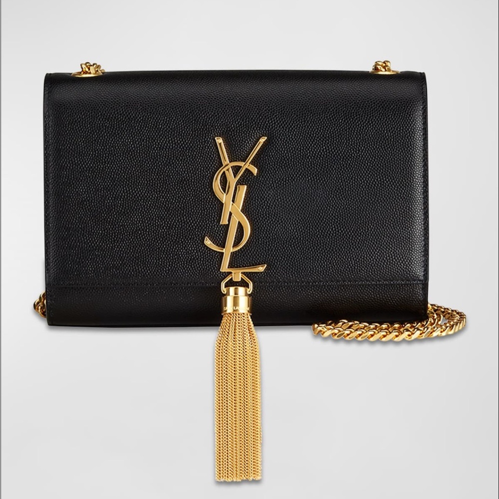 Saint Laurent Kate Small Tassle YSL Wallet on Chain in Grained Leather Black